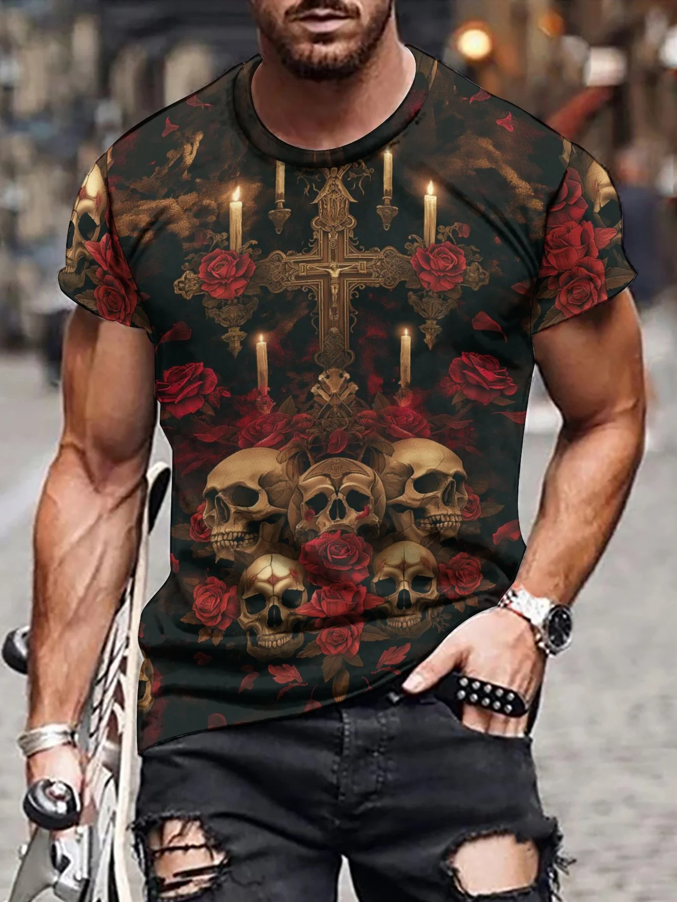 2024 New Men's 3D Graffiti Cemetery Pattern T-shirt, Casual Cool Micro Elastic Breathable T-shirt, Summer Outdoor Men's Wear