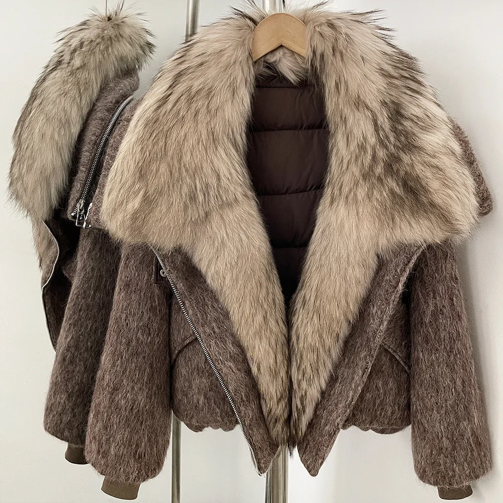 OFTBUY Luxuriöse Echtfell-Daunenjacke für Damen, Oversize, Wollmischung, mit Echtfellkragen aus Fuchsfell, Neuer Warmer Wintermantel – Detail 13