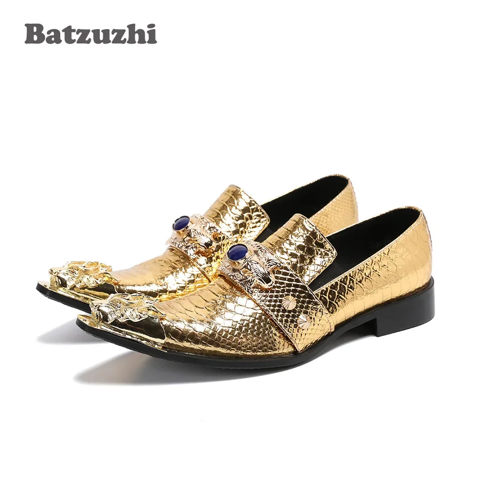 

Batzuzhi 2021 New Luxury Chaussures Hommes Genuine Leather Shoes Men Pointed Metal Toe Golden Party and Wedding Footwear Shoes