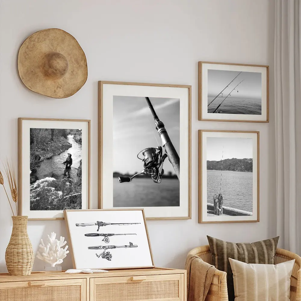 Vintage Fishing Rod Bait Vintage Poster Black White Fisherman Wall Art Picture Fish Kinds Canvas Painting Prints Man Gifts