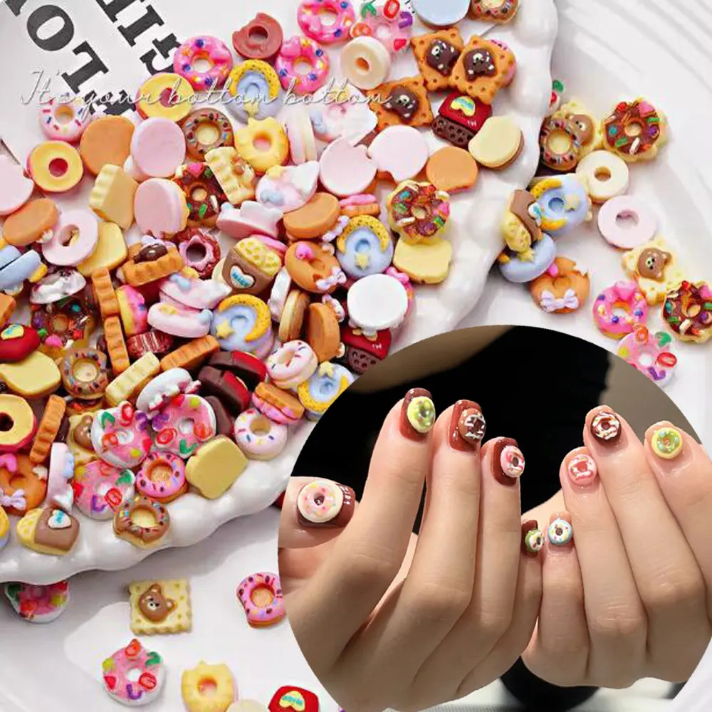 50Pcs 3D Kawaii Summer Cartoon Donuts Nail Decorations 10mm  Cute Donut Ice Cream Nail Charms Flatback Resin Nail Art Supplies