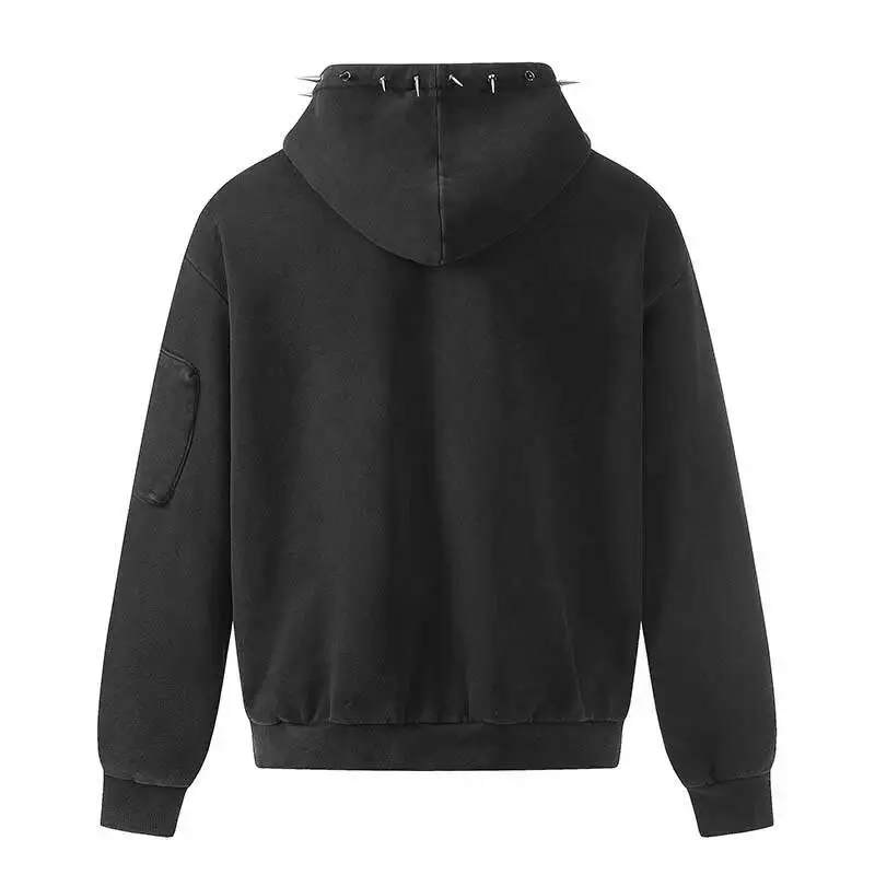 2026 Spring New High Street Men Hooded Sweatshirt American Style Rivet Decoration Washed Vintage Men's Zipper Coats SDE2