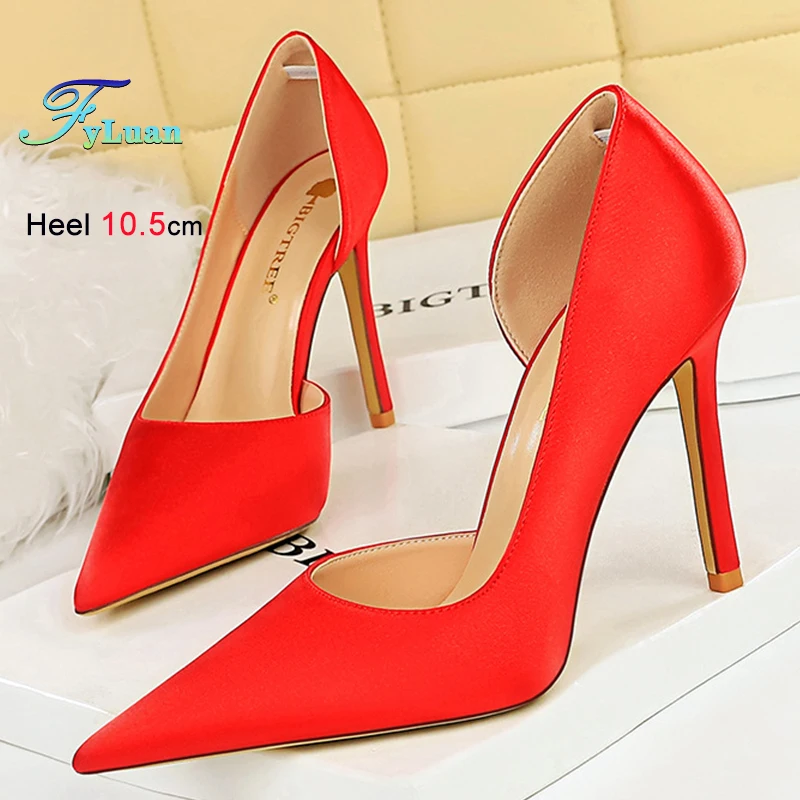 

Top Fashion 10.5cm Women's Pumps Side Hollow Pointed Toe Shallow Mouth High Heels Ladies Satin Comfortable Wedding Single Shoes