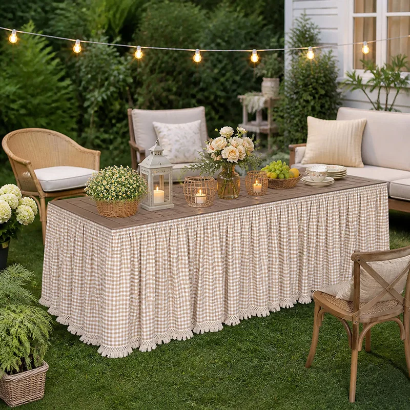 1Piece khaki Plaid Pleated Table Skirt Magic Tape Design For Tables Cabinets and Small Windows Outdoor BBQ Party Christmas Decor
