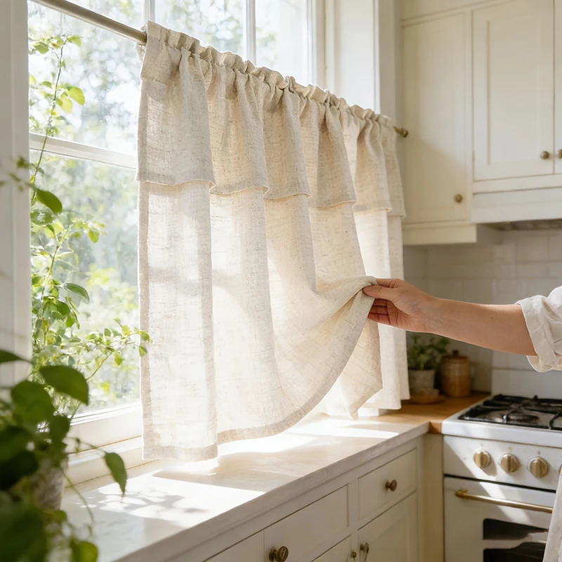 Farmhouse Light Filtering Curtains for Kitchen Bathroom Short Polyester Cotton Texture Privacy Bedroom Living Room Window Drapes