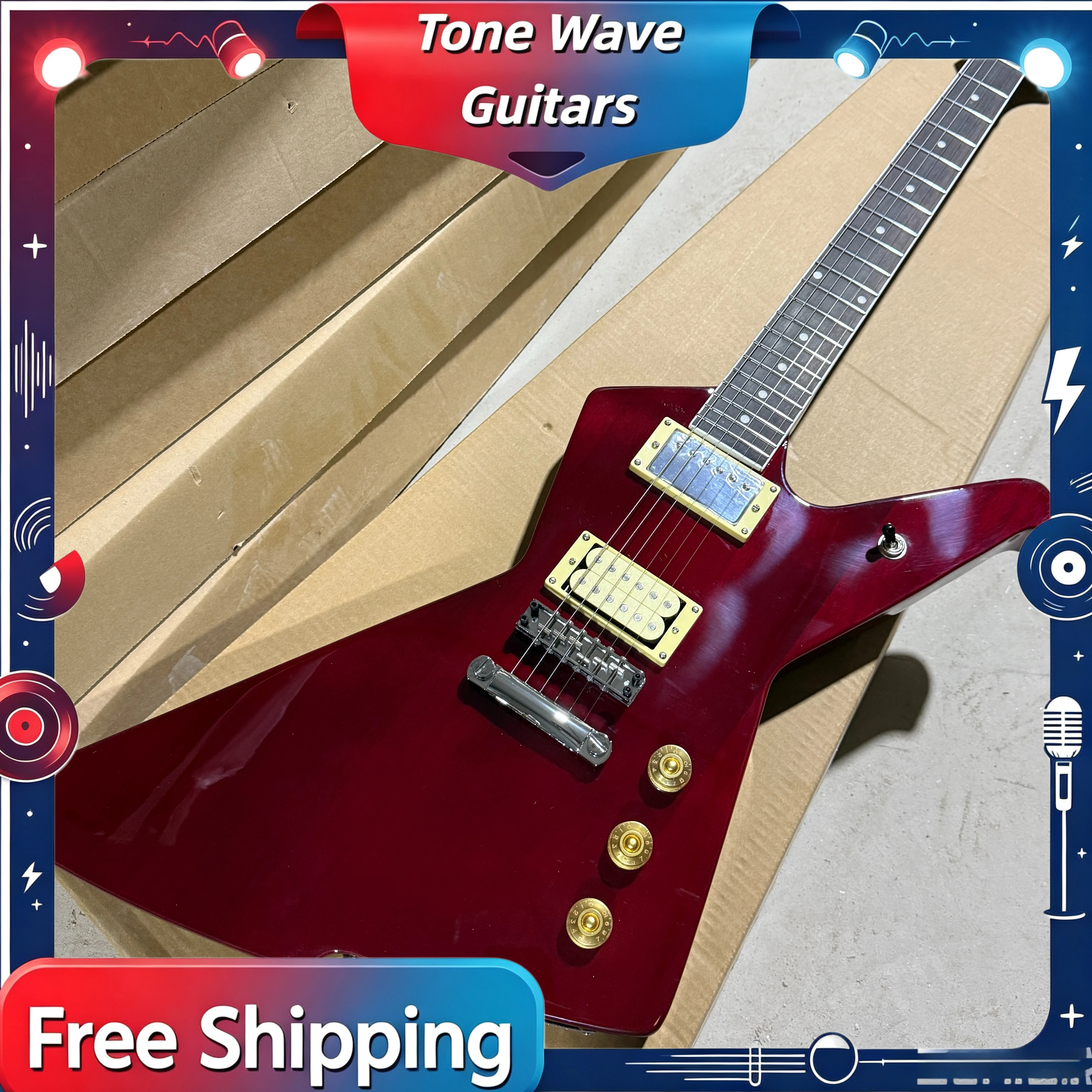 Electric Guitar Wine Red Shaped Pointed Dual Microphone  Mahogany Body Teenager Three Golden Knobs Free Shipping