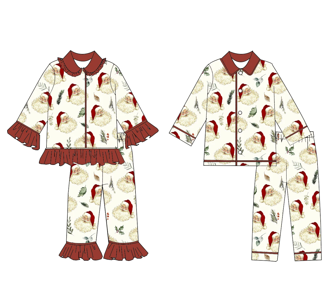 طقم بيجامات للعطلات للأطفال الصغار طقم بيجامات عيد الميلاد للأولاد والبنات بأكمام طويلة مطبوع عليه سانتا كلوز من حرير الحليب المطابق