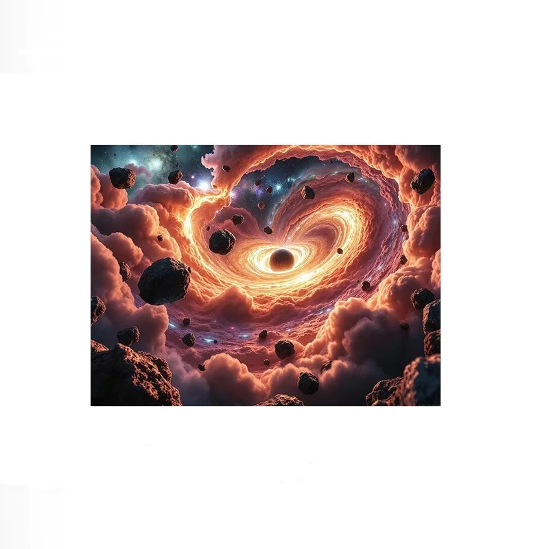 A Warped Swirling Vortex of Fiery Cosmic Clouds and Asteroids, Art Print Canvas Poster, Living Room Decor, Home Wall Picture