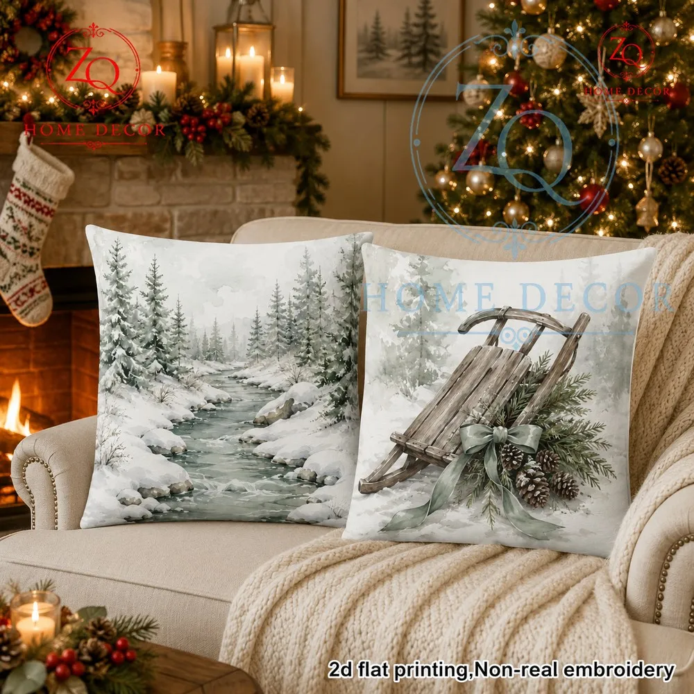 Retro sleigh pine branch Christmas pillowcase fresh  st st cushion crees a warm  festive home mosphere.