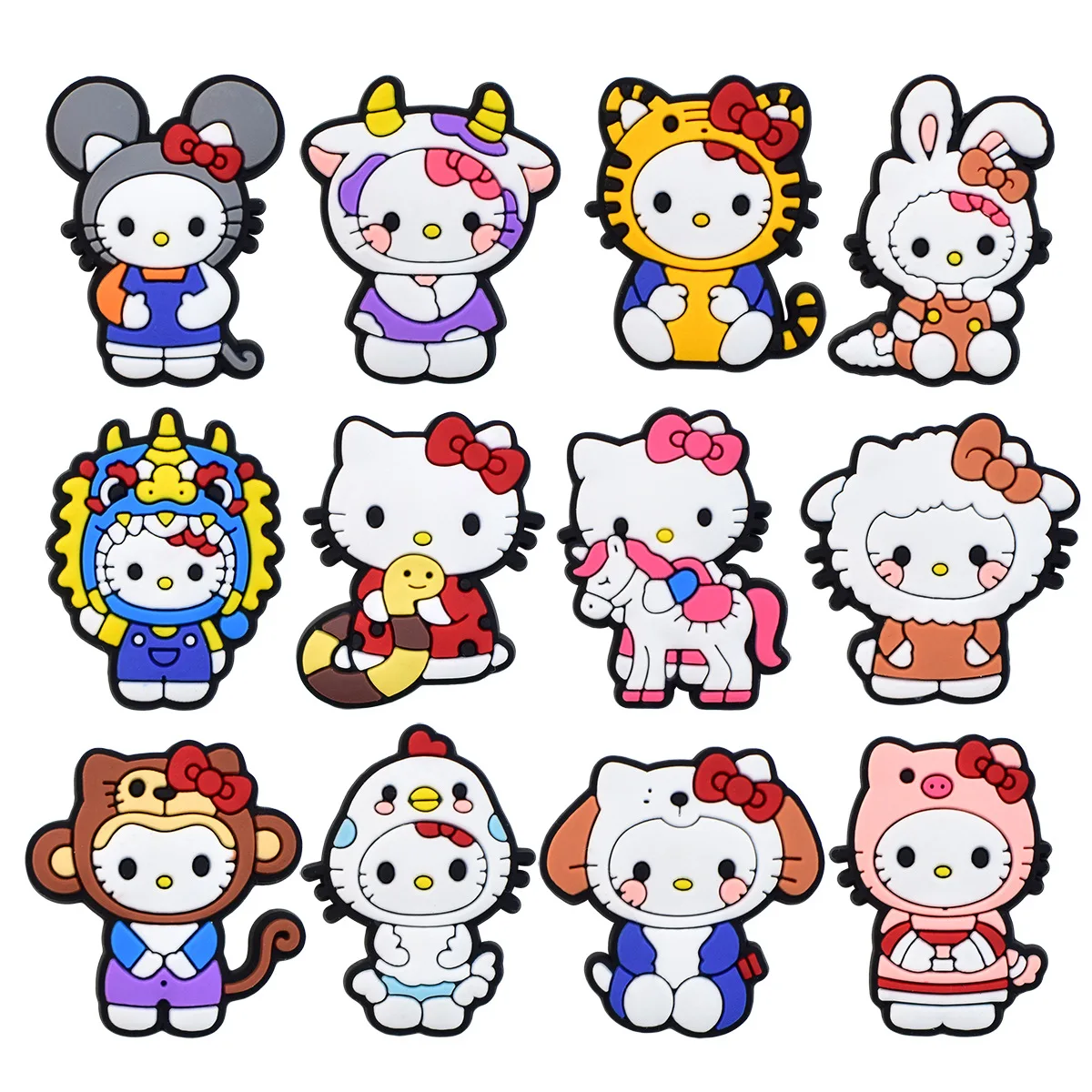 12pcs New Design Cartoon Hello Kitty DIY accessories PVC Praise Shoe charmas clow for clogs Slides Gift Idea Easy to install