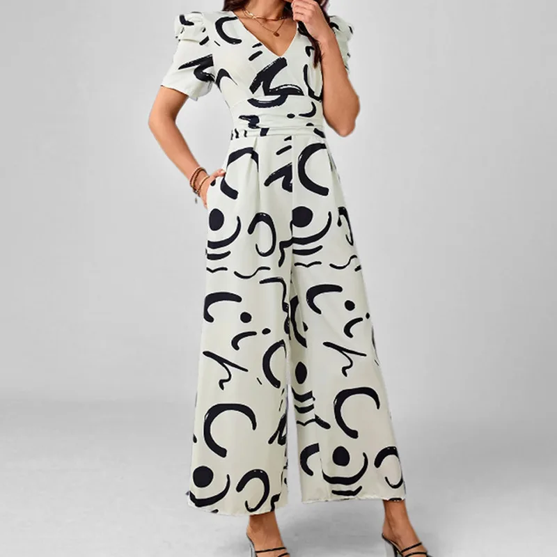 

Spring New Cross-border European And American Women's Clothing Fashion Temperament Personalized V-neck Waist Wide-leg Jumpsuit