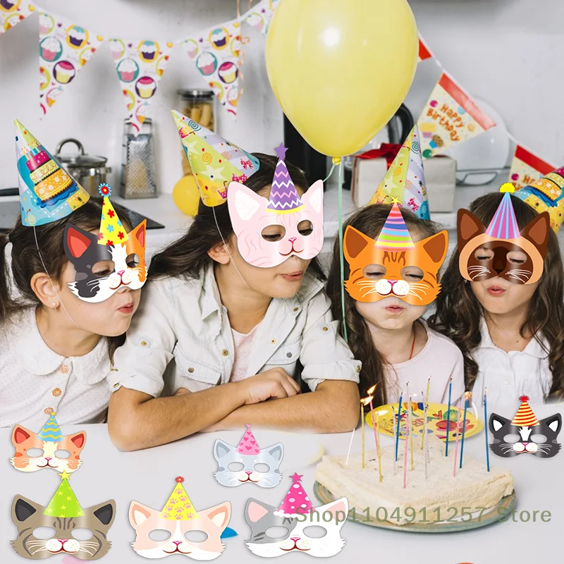 

12 Pcs Kids Birthday Party Cartoon Cat Masks Mask Cute Pet Cats Party Decorations Baby Shower Party Facial Decoration Supplies
