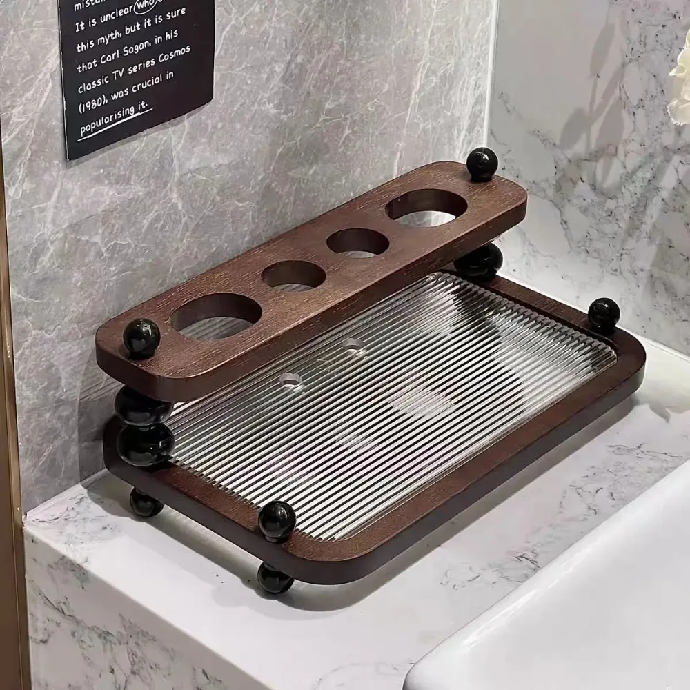 

Деревянная подставка для зубных щеток с рифленой стеклянной поддоном для сбора воды, 4 слота, органайзер для ванной комнаты, подставка для зубной пасты и бритвы, настольная подставка для туалетных принадлежностей