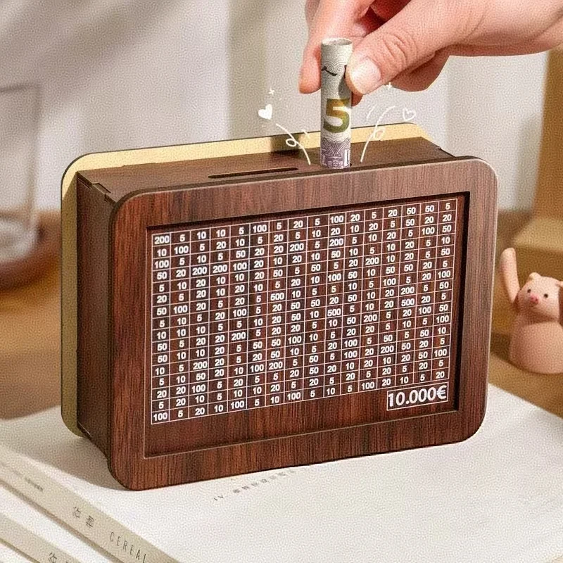 1000/2000/3000/5000/10000 Euro Money Box Wooden Piggy Bank Reusable Money Vault Savings Box Challenge Cash Storage Case Children