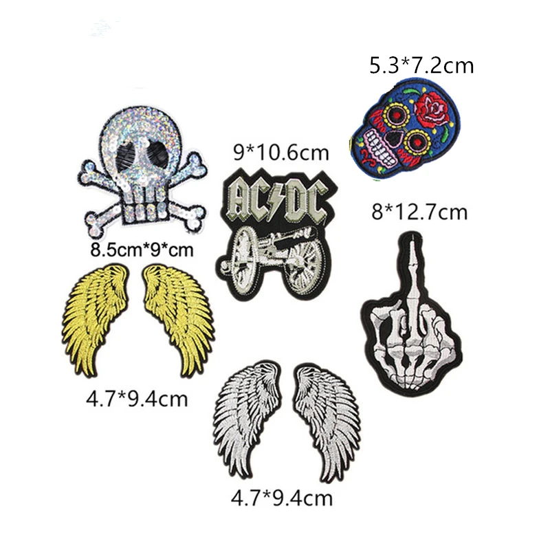 

Punk Rock Iron On Patches Set 2pcs Gold Angel Wings And 6pcs Skull Embroidered Badges For Jacket Jeans Biker Streetwear DIY