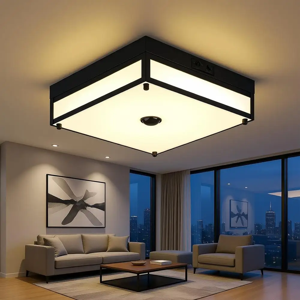 

Уличный светильник с датчиком движения, 24 Вт LED, регулируемая цветовая температура (3CCT), черный потолочный светильник с акриловым рассеивателем для крыльца, гаража, входной группы.