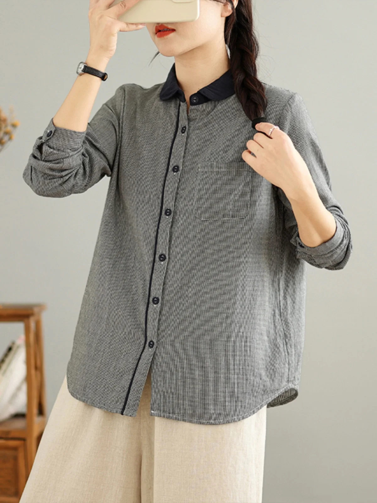 

Женский хлопковый топ в стиле ретро в японском стиле, осенне-весенний клетчатый узор, повседневный многослойный верхний воротник, длинный свек, стандартный крой