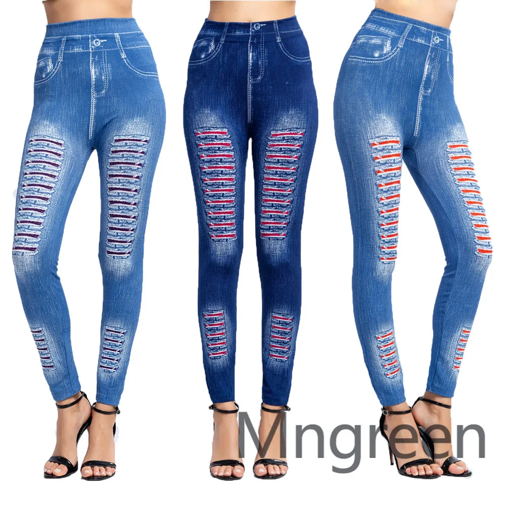 

2025 новые модные полосатые леггинсы из искусственного денима с принтом, эластичные облегающие брюки с подъемом бедер и девятью точками
