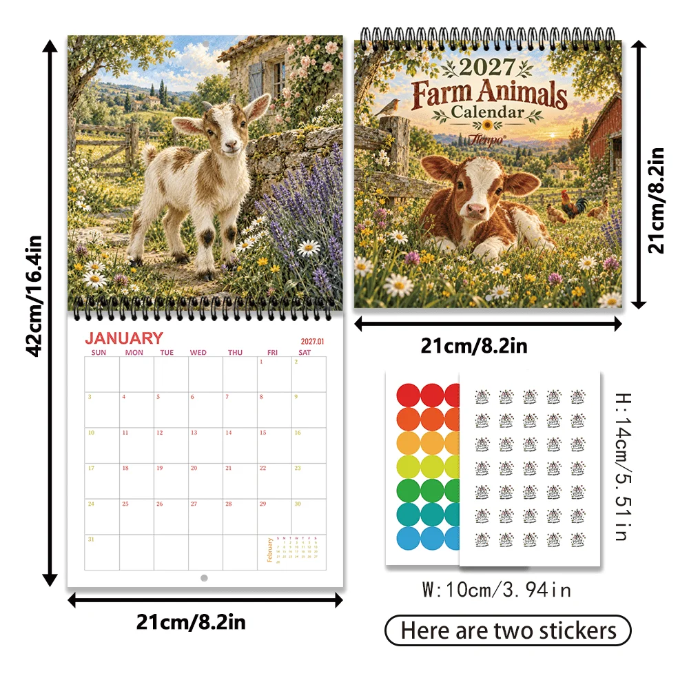 1pc, 2027 Wall Calendar, Country Farm Animal, 12 Month Planner for Home Office Decor, Christmas New Year Gift with Stickers