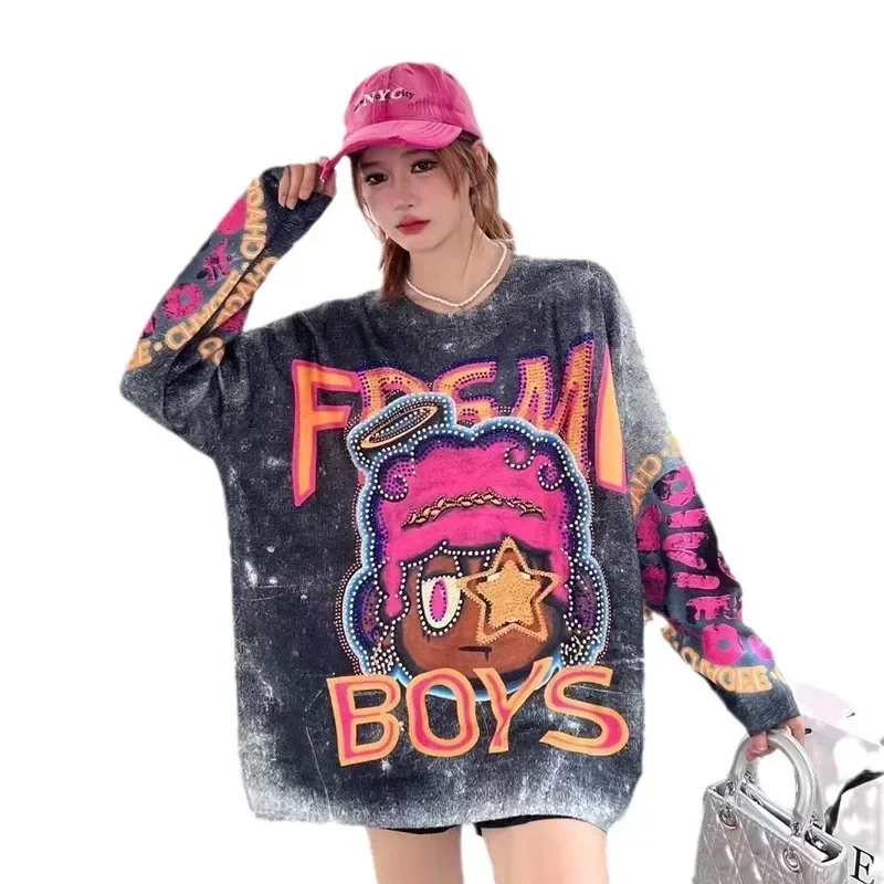 Cartoon Pattern Diamonds Sweater Women Pullovers Fashion Printed Autumn Winter Vintage Clothes Loose Casual Long Sleeve Hoodies