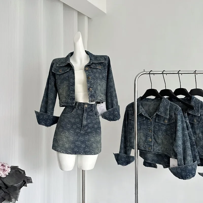 

2024 Autumn New Women Denim Two Piece Skirt Sets Retro Turn Down Collar Long Sleeve Jacket + High Waist A Line Mini Skirt Sets