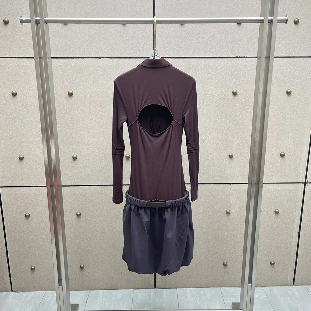 Women Fake Two‑Piece Mini Dress Long Sleeve Back Cut‑Out Belted Waist Pleated Skirt Slim Fit Elegant Streetwear Lady Dresses