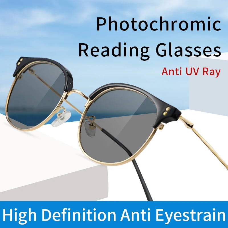 

Photochromic Reading Glasses for Men Stylish Metal Frame Readers with Comfort Temples Anti Glare UV Filter Eyeglasses