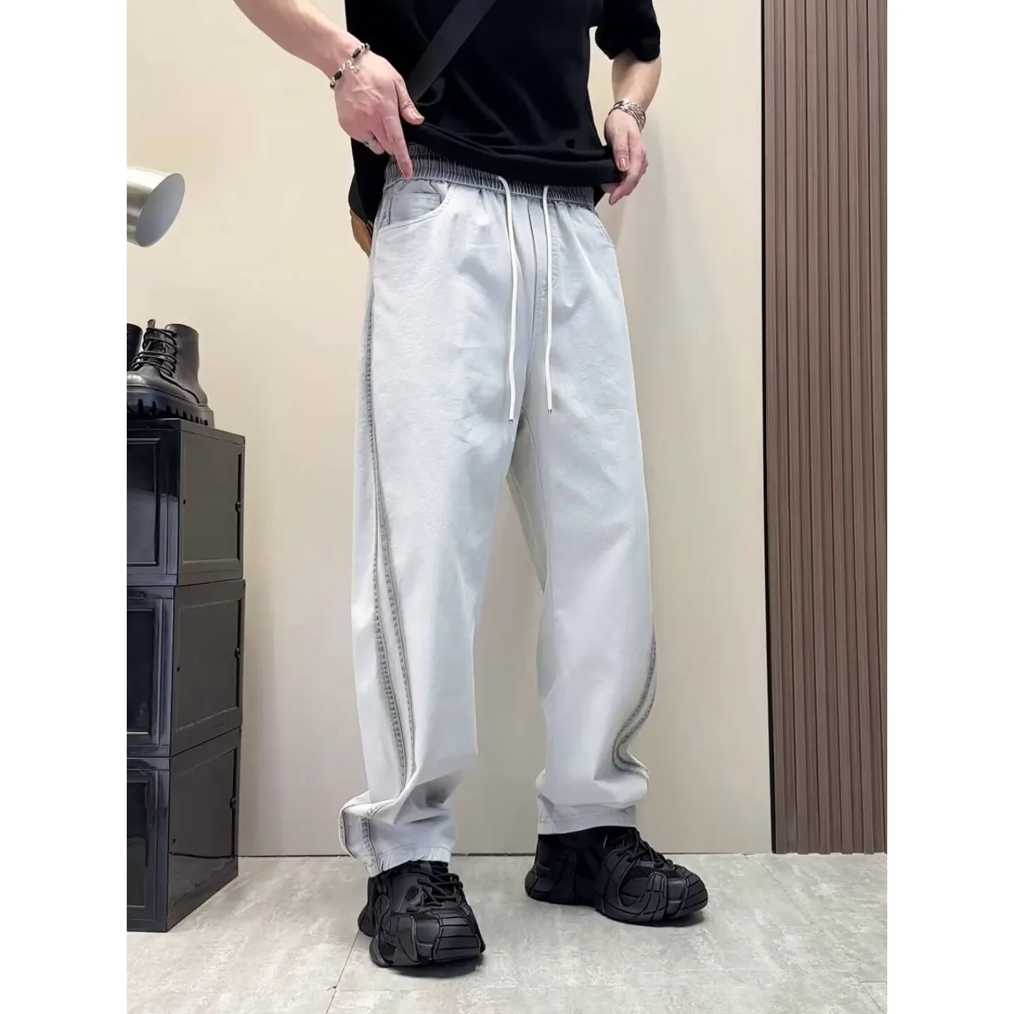 

Прямые спортивные штаны, мужские черные повседневные брюки, универсальные широкие спортивные брюки, свободные и универсальные уличные брюки