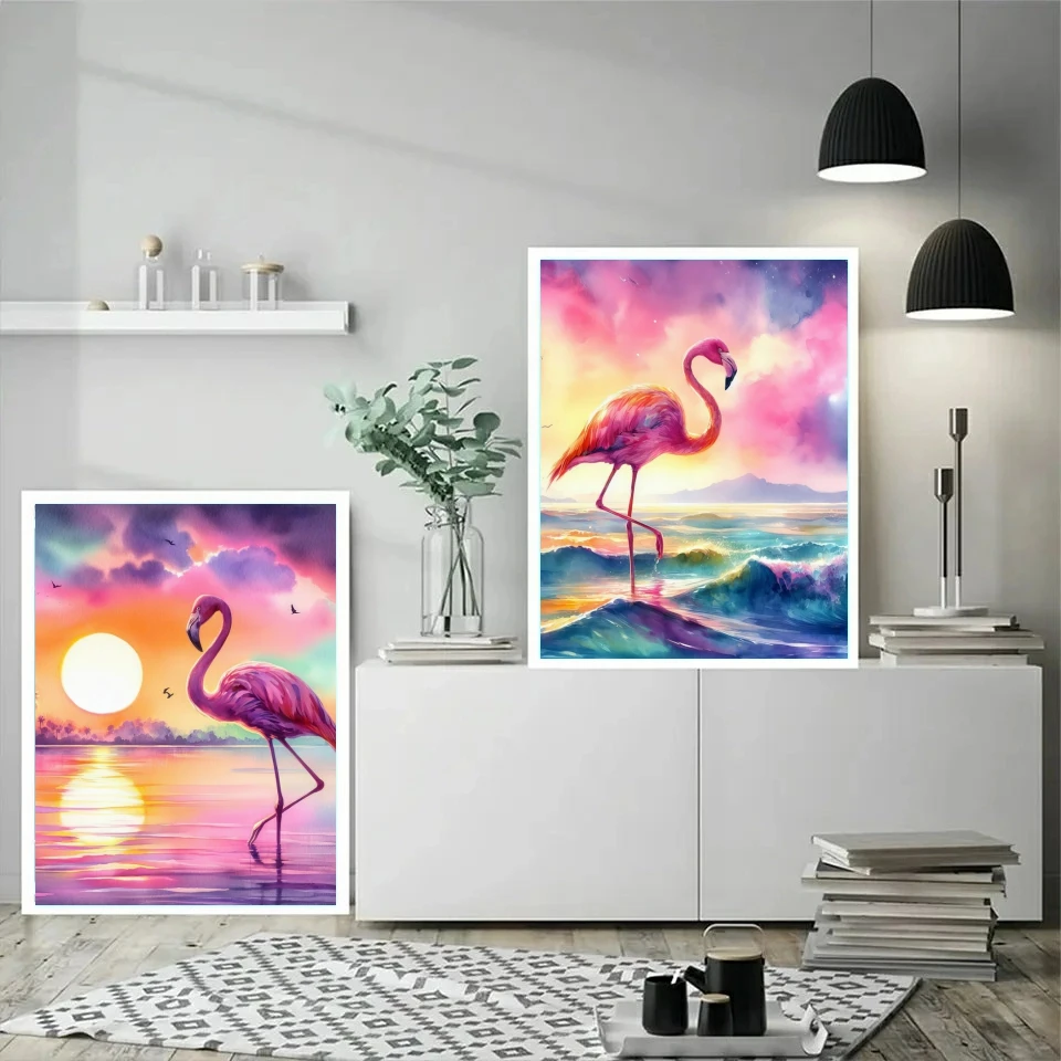 Fatto a mano Flamingo River Sunset Diamond Painting Set Animal Shell Cross ricamo strass mosaico Art Designer Home Decor Gift