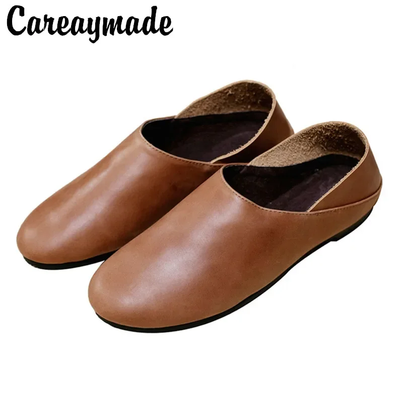 Careaymade-Head layer cowhide pure handmade big size  women flats,retro shallow mouth the ancient Zen comfortable leather shoes