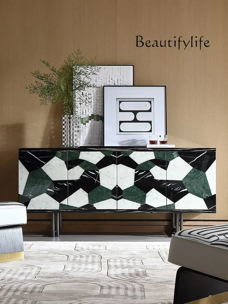 Italian Light Luxury Solid Wood Sideboard Modern Minimalist Tea Cabinet Marble Mosaic Home Entrance Cabinet