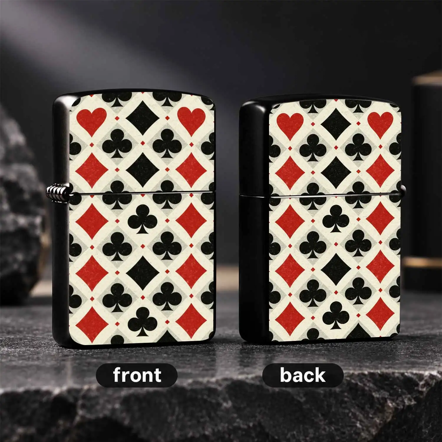 Vintage Playing Card Suits Pattern Retro Distressed Spade Heart Club Diamond Themed Portable Unique Card Game Enthusiast Gift Decorative Pocket For Daily Use A Fun And Humorous Lighter