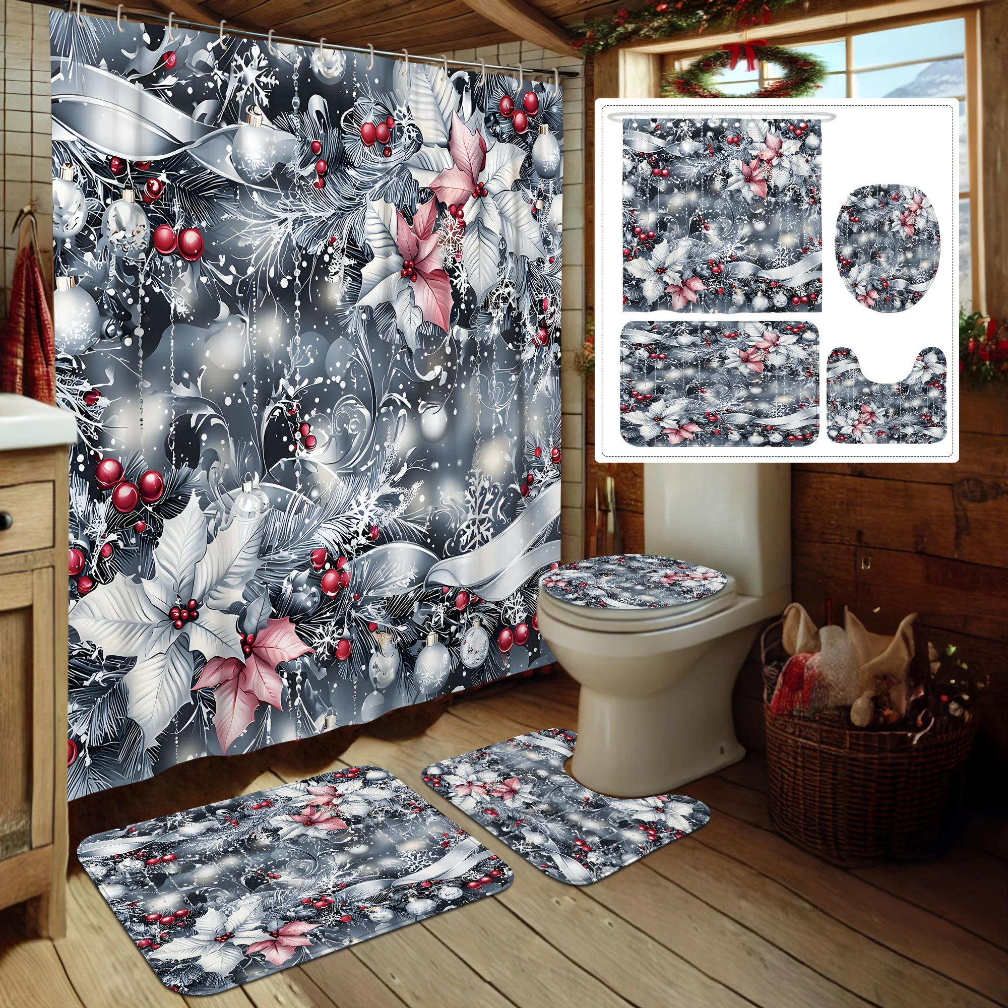 4PCS Merry Christmas Shower Set ,Poinsettia Holly Shiny Silver Garden Print 12 Hooks Non-Slip Mat U-Seat Cover Holiday Decor
