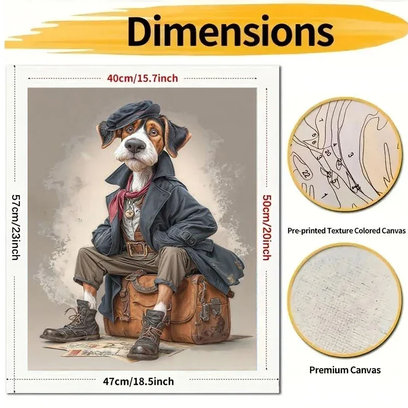 Professional Art Use, 2D/Flat 1pc Frameless DIY Adult Paint by Numbers Kit: Dog Pretending to Be an Adventurer, Wearing a Trench