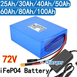 Batterie au lithium Lifepo4 avec chargeur, 72V, 50Ah, 60Ah, 40Ah, 100Ah, 80Ah, BMS pour scooter, vélo électrique, moto, 3000W