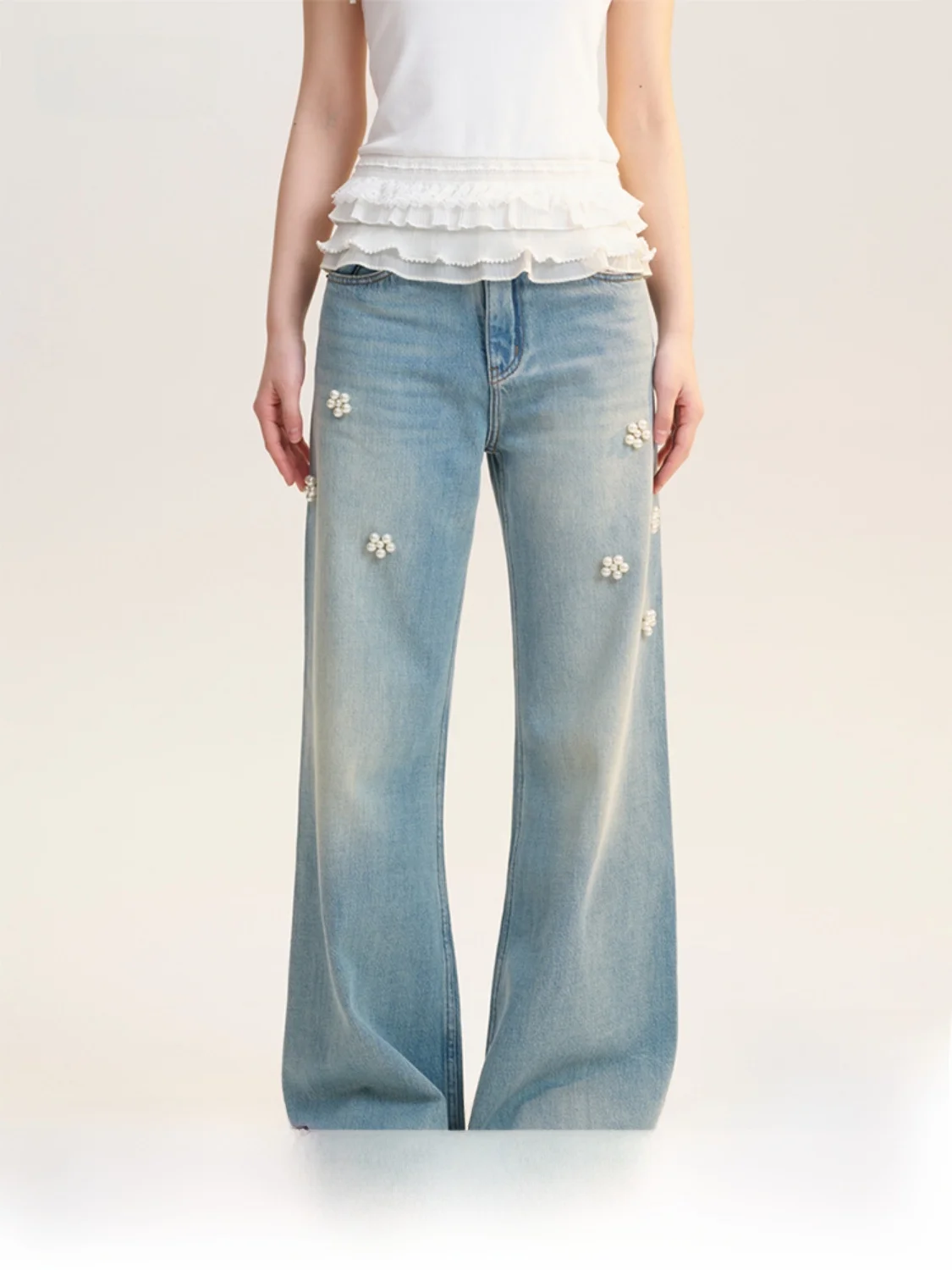 

AooRaa оригинальный дизайн широкие джинсовые джинсы с заниженной талией и блестками, Новое поступление, повседневное хлопковое джинсы с застежкой-молнией на талии