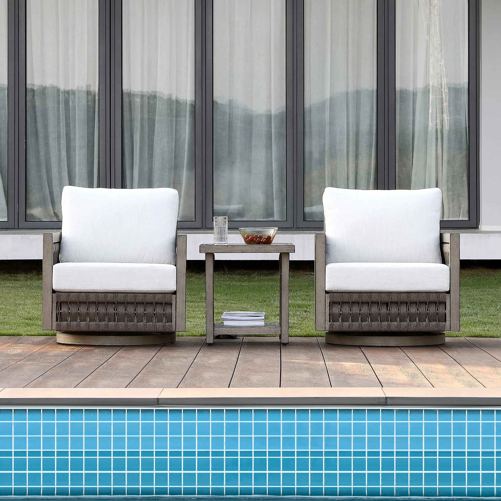 Conjunto de móveis giratórios para pátio externo, alumínio, 3 cadeiras, almofadas grossas e laváveis para pátios, hotéis, parques, varandas, varandas