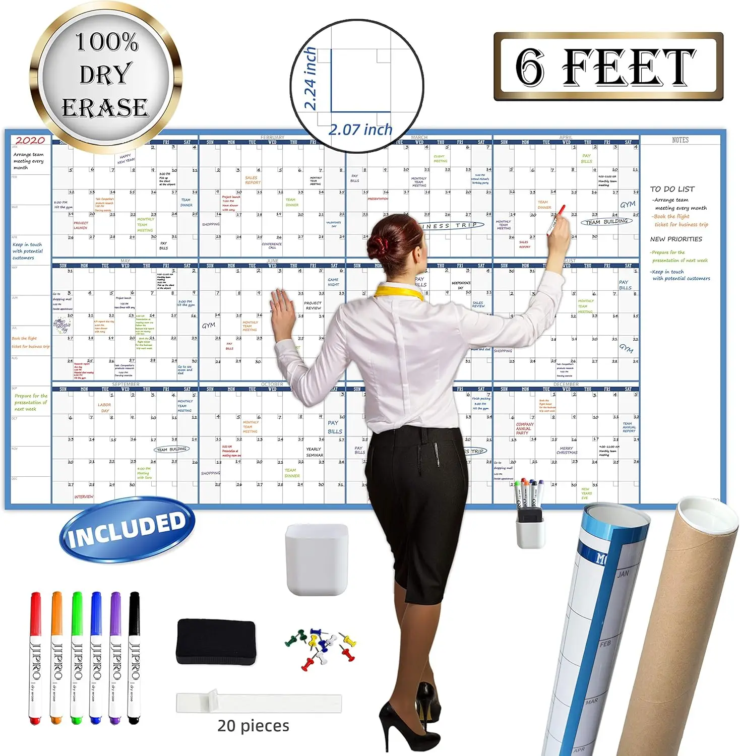 

Large Dry Erase Wall Calendar 38"x72" Undated Reusable Yearly Whiteboard, Laminated Jumbo 12-Month Poster with Markers & Eraser