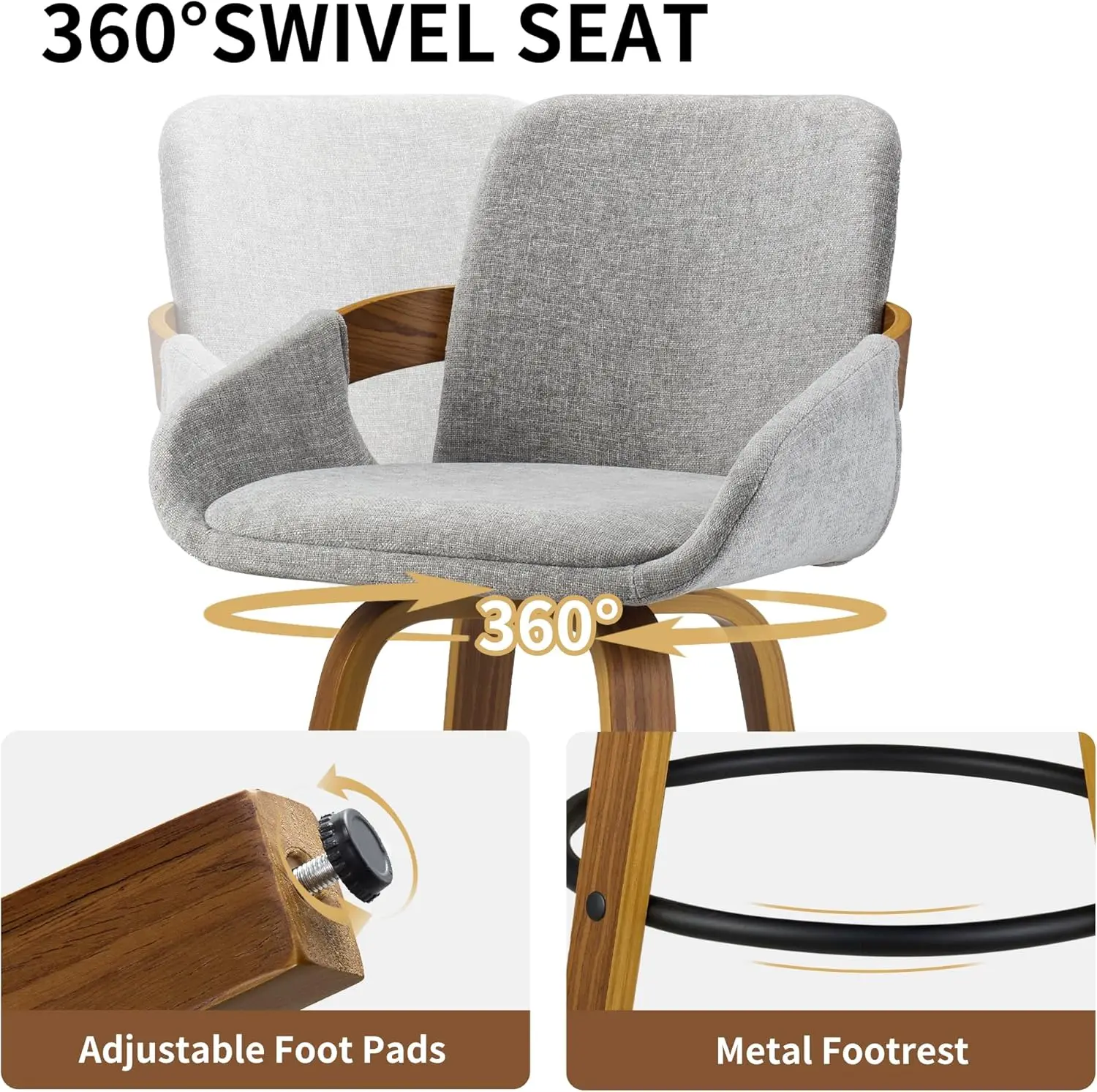 Swivel Bar Stool Set of 2, Fabric High Back Counter Stools with Armrests, 360° Swivel, Walnut Finish - Light Grey