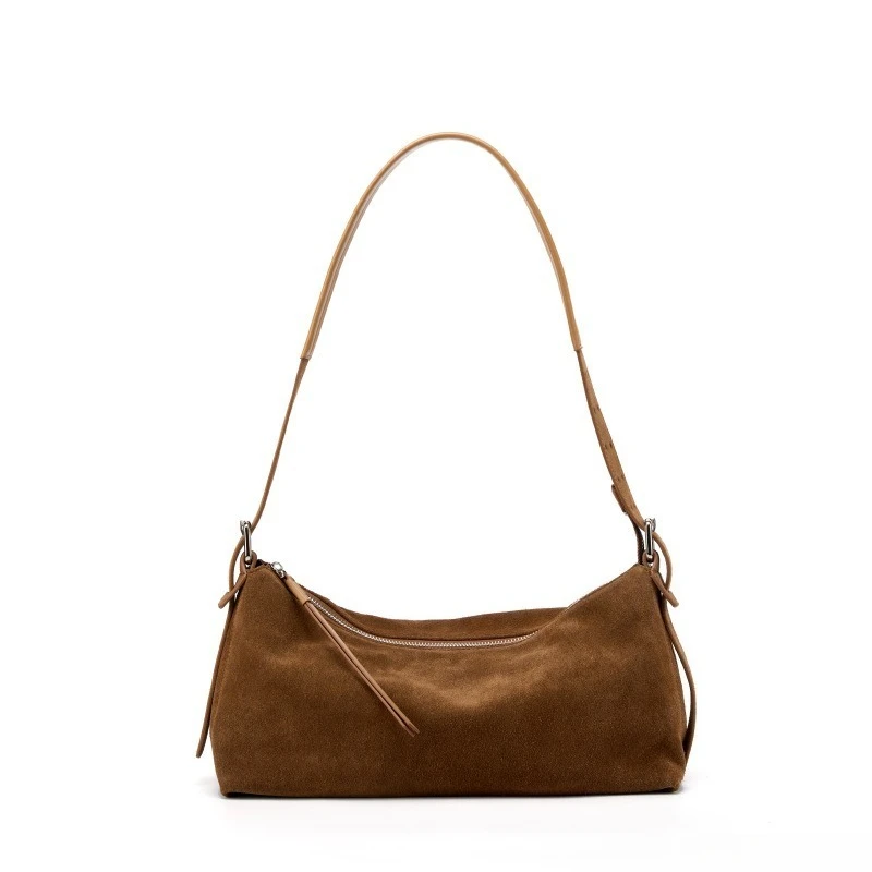 Vintage Everyday Work Shoulder Bag for Women Soft Genuine Leather Suede Adjustable Strap Handbag Luxury Designer Portable
