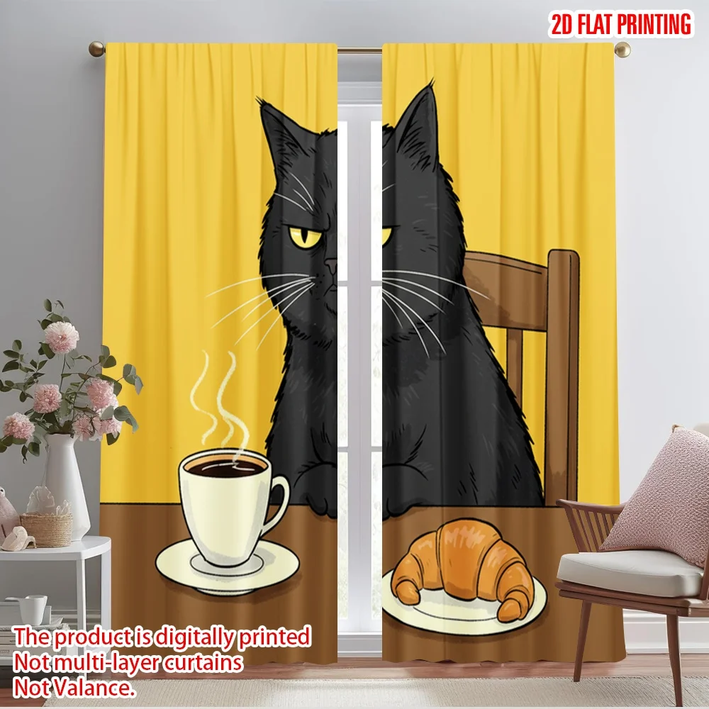 

2pcs 2D flat printing Party Curtains Black Cat Coffee Croissant Polyester Without Electricity Festive Wall Decor Use for Holiday