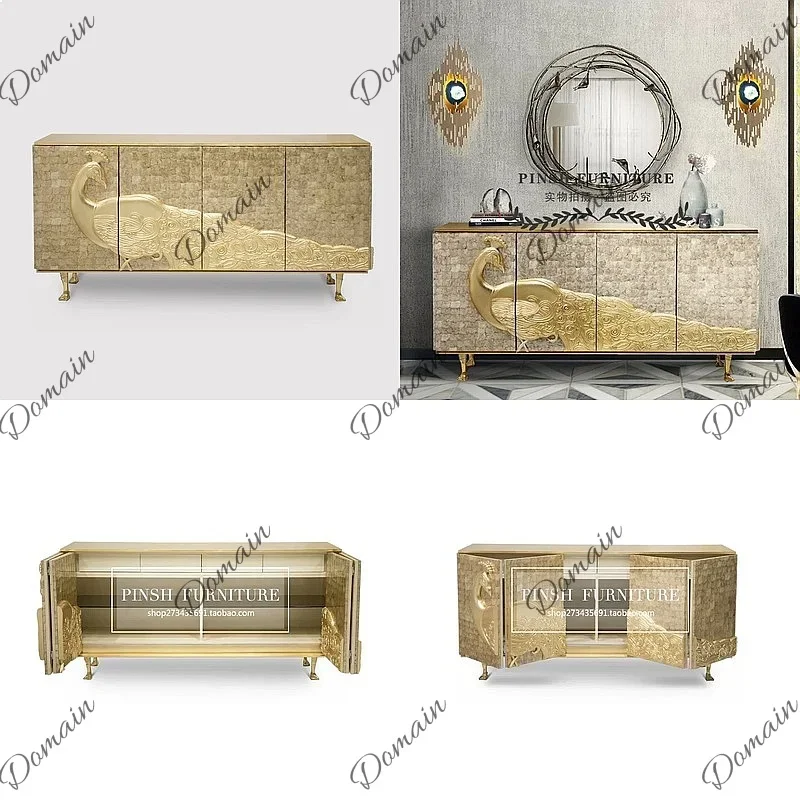XB Nordic Luxury Solid Wood Gold Peacock Carved Entrance Cabinet Sideboard Storage Shell TV Cabinet