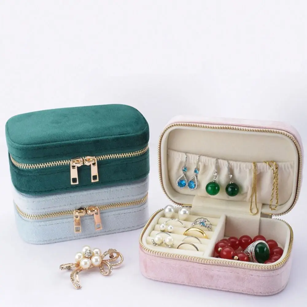 

Zipper Closure Jewelery Storage Case Square Velvet Portable Jewelry Box Flannel Lining Convenient Necklace Storage Case