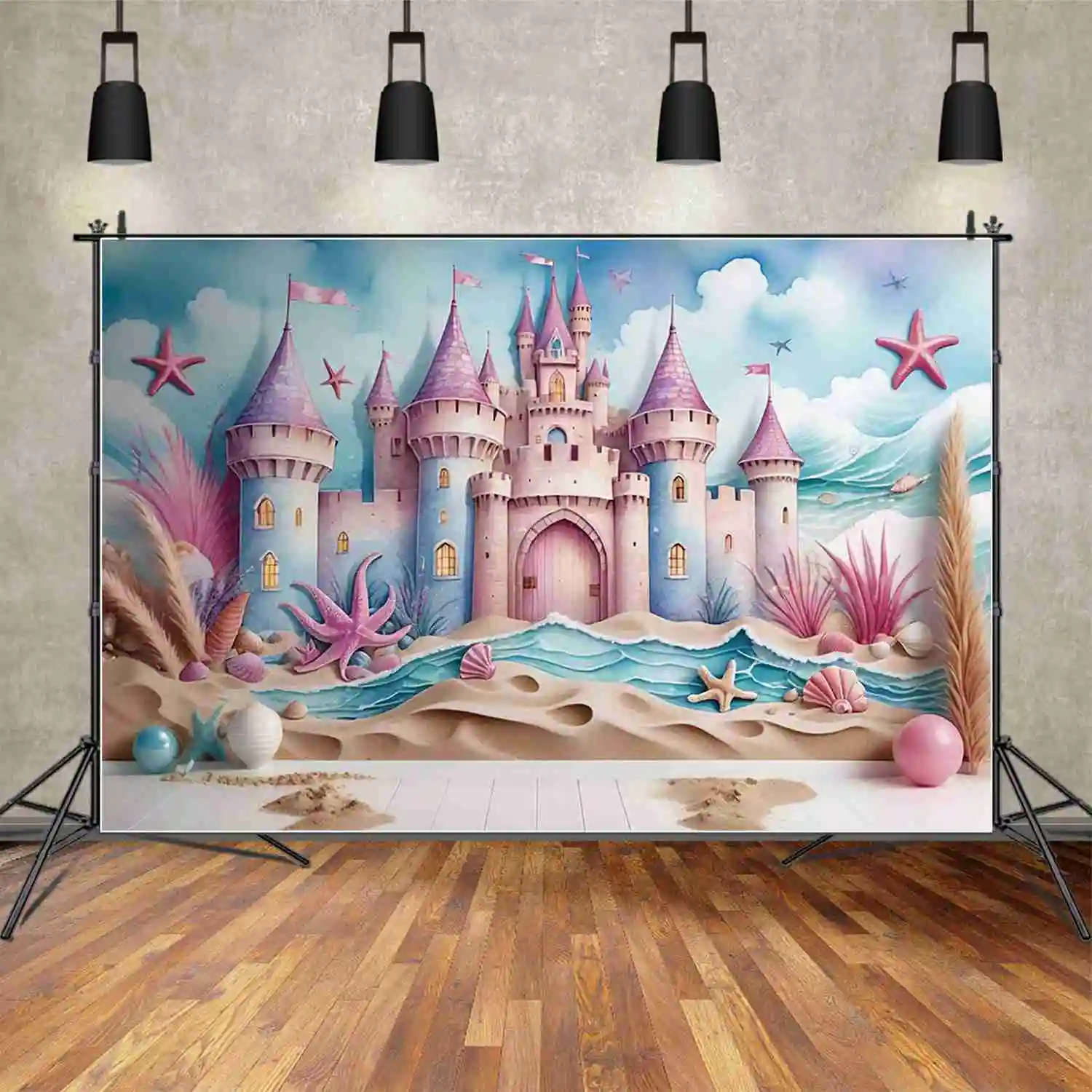 MOON.QG Summer Beach Birthday Party Backdrop Mermaid Princess Castle Shell Sand Background Custom Candy Land Photography Props