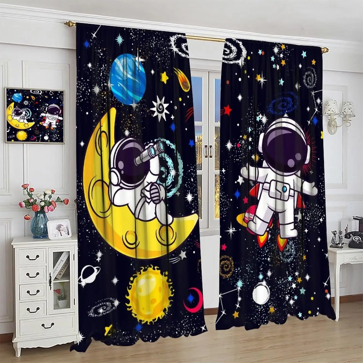 Kids Astronaut Curtains, Cartoon Cute Funny Universe Galaxy Moon Rocket Alien Spaceman Decor Window Treatments, Thermally
