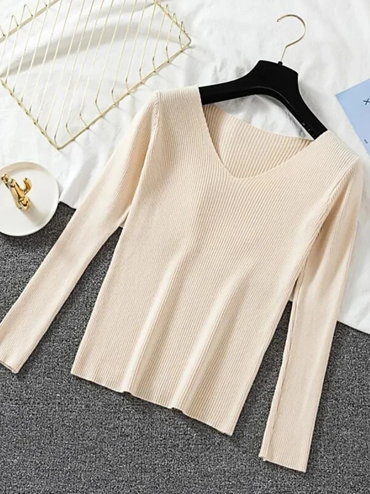 2024 New Women Sweater Autumn Winter Long Sleeve Pullover Basic Top Fashion V-neck Elastic Female Winter Solid Knitted Jumper