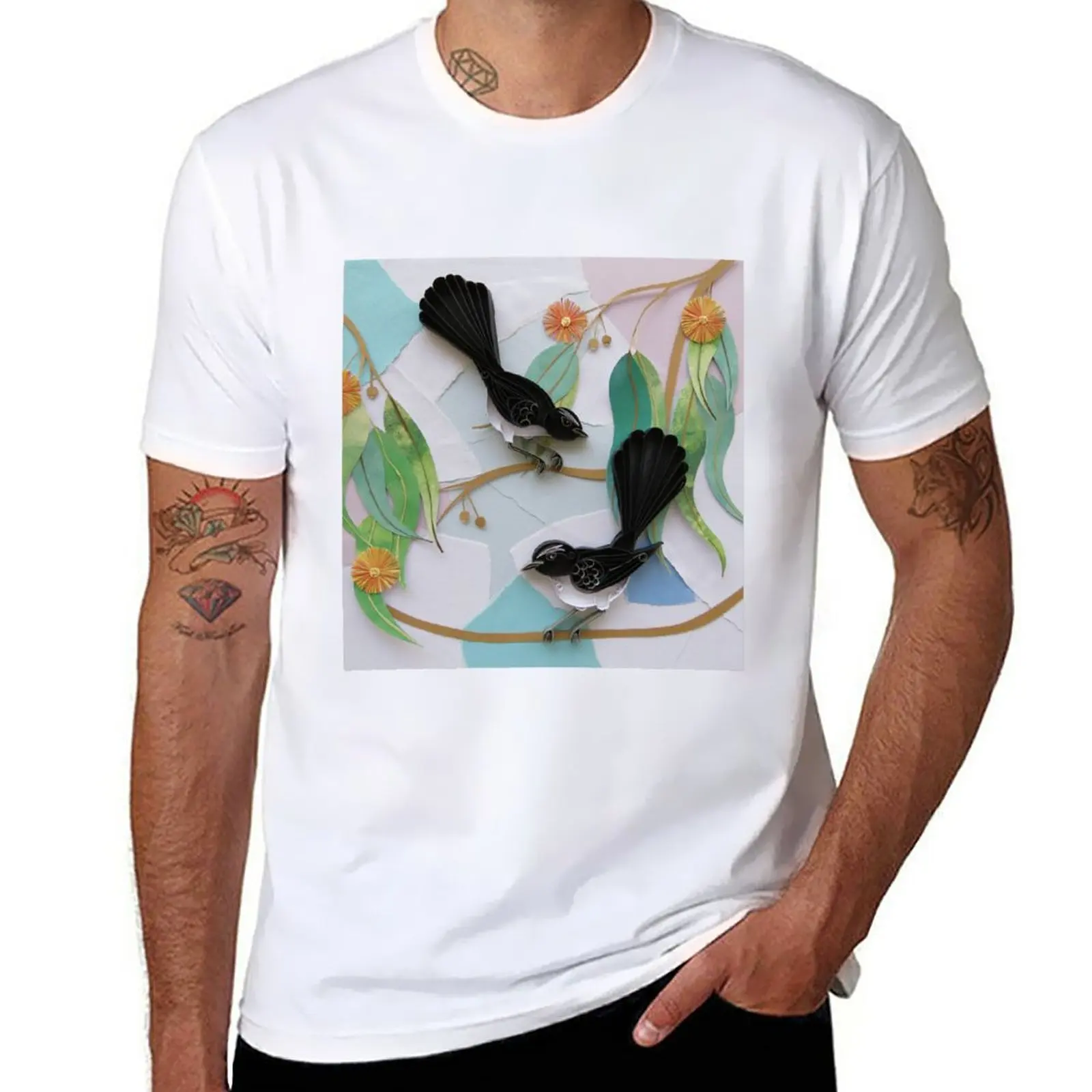 New Austalian Willie Wagtails with Orange Gum Blossoms T-Shirt Anime t-shirt sublime t shirt men t shirts