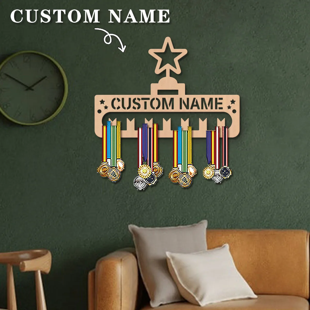 1pc Custom Modern Style Cartoon Star Decor Frame Wooden Sports Medal Holder, Wall Mounted Display Stand for Sports Lovers Gift view 3