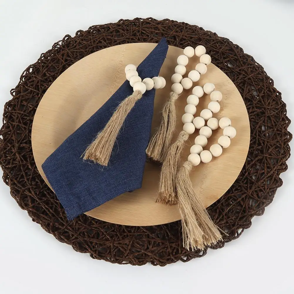 6Pcs/Set Napkin Ring with Tassels Rustic Style Burr Dining Table Decoration Farmhouse Wood Beads Table Art Napkin Ring