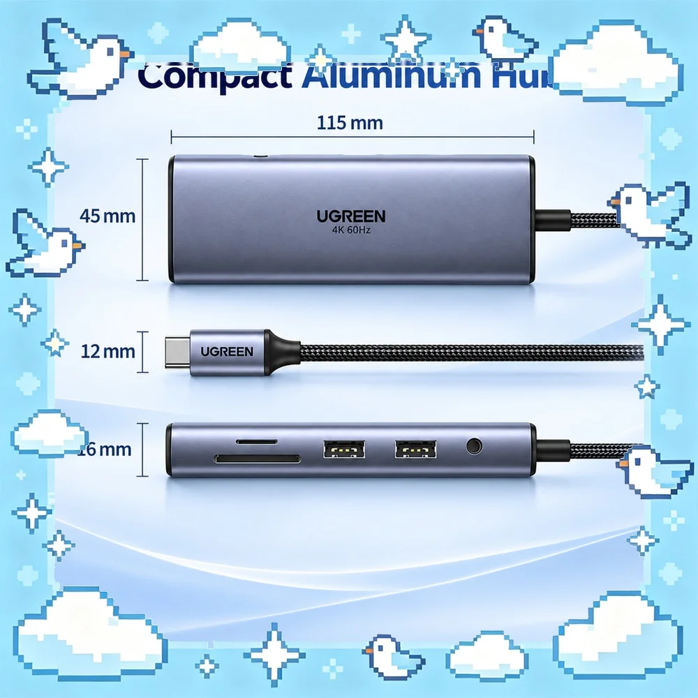 UGREEN 50611 9-in-1 USB-C Hub, 4K 60Hz HDMI, 1080p VGA, Gigabit Ethernet, 2 USB 3.0, USB 2.0, SD/TF Reader, 3.5mm Audio